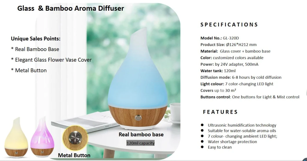 120ml Elegant Real Bamboo Base Glass Fragrance Scent Aromatherapy Essential Oil Diffuser