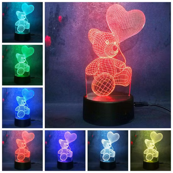 Amor, oso de peluche, lámpara de luz nocturna 3D, forma de amor, brillo romántico, lámpara de noche LED, luz nocturna, luz con sensor táctil